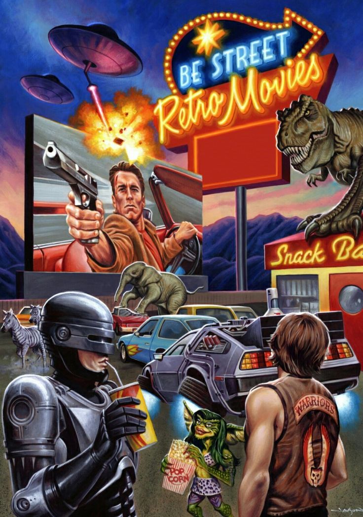 Poster retro de películas clásicas de acción y ciencia ficción.